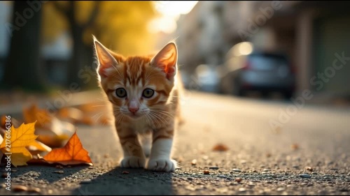 A small kitten strolling along a street with leaves scattered around