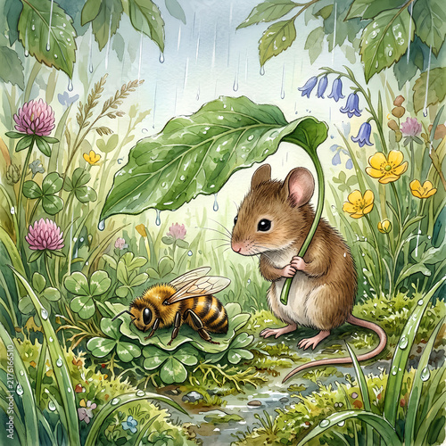 Cute Mouse and Bee Sheltering from Rain Under Leaf in Lush Meadow