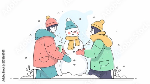 Children Playing in Snowy Winter Wonderland with Snowman, Christmas Trees and Snowflakes, Fun Holiday Celebration Cartoon Vector Illustration