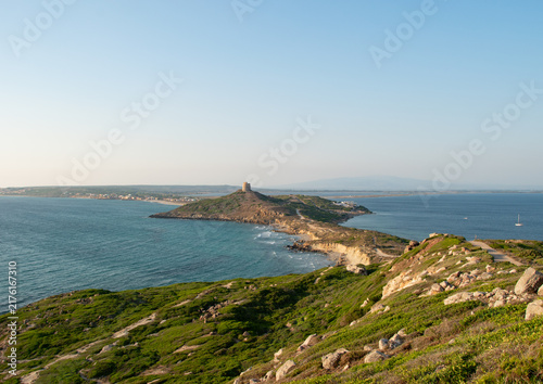 Картината върху платно The Spanish Tower of San Giovanni in Sinis, near the sea, overlooks the archaeological site of Tharros, in the municipality of Cabras, Italy