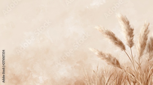 Rustic boho watercolor backdrop concept. Minimalist floral background with beige pampas grass and delicate texture.