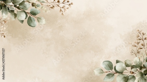 Rustic boho watercolor backdrop concept. Vintage floral frame with green leaves on textured beige background
