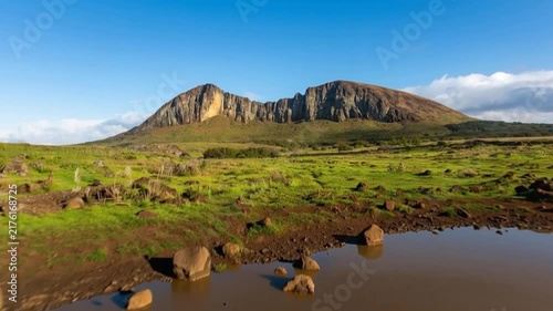 Rano Raraku Volcanic Crater and Green Landscape on Easter Island, Rapa Nui, Chile. Establishing Shot.