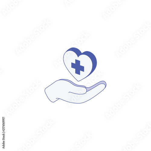 Isometric hand holding heart with medical cross icon