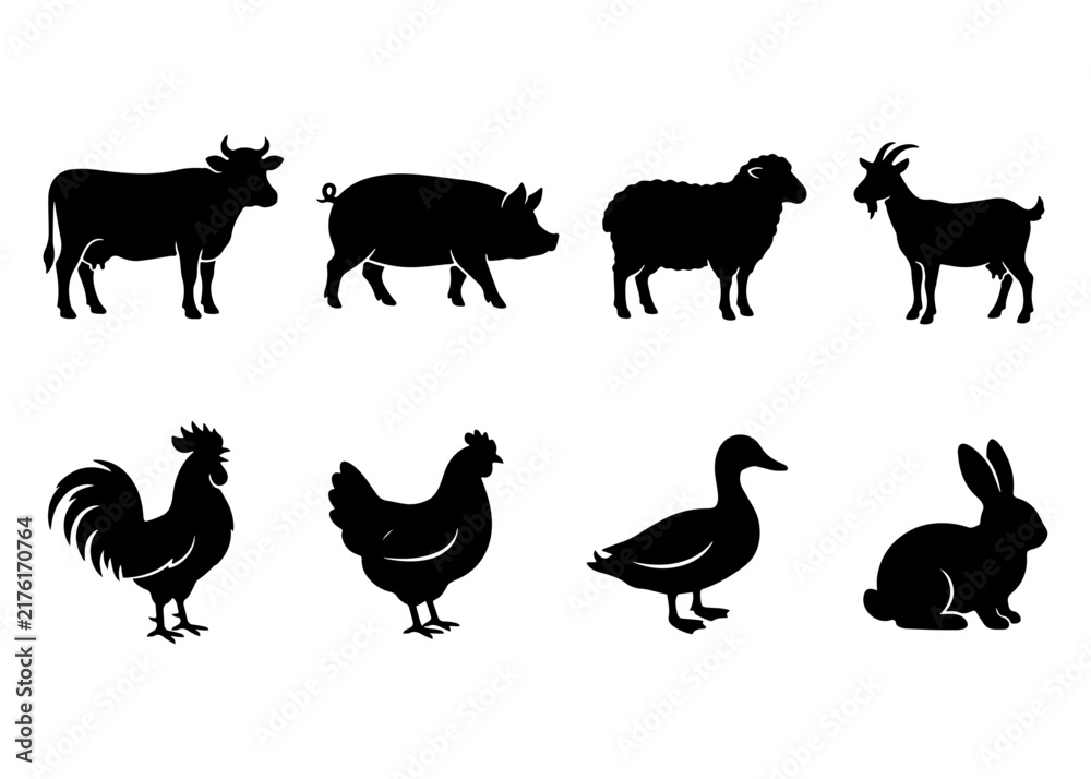 Fototapeta premium Farm Animal Silhouette Collection for Commercial Vector Design Black Silhouette Vector Collection for Commercial Design, Clipart, Illustration and Craft Projects