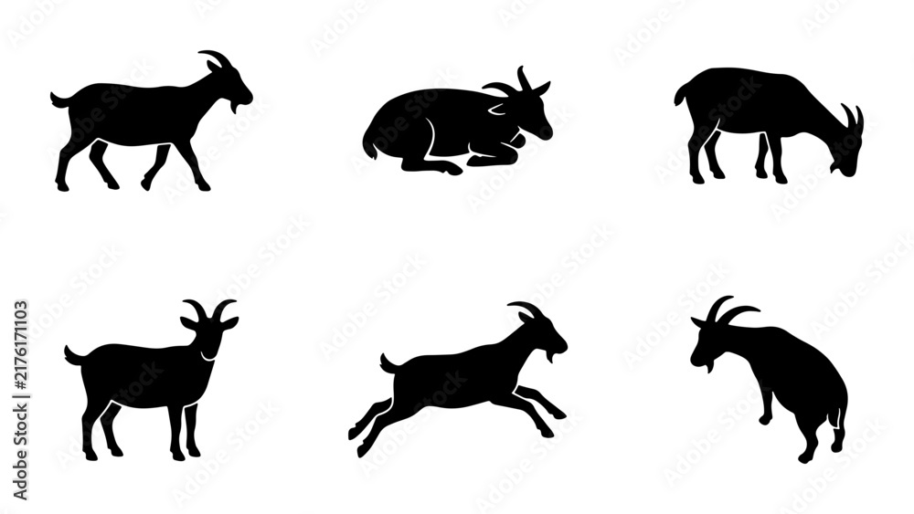 Obraz premium Goat Silhouettes Collection, Farm Animal Icons Set, Livestock Vector Graphics, Rural Mammal Illustrations