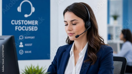 Professional female customer service representative working with headset in modern office environment