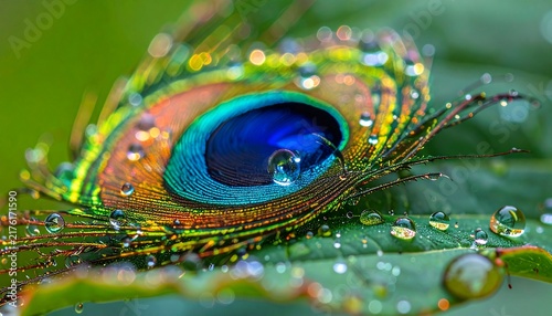 Peacock feather adorned with glistening water droplets on a leaf.