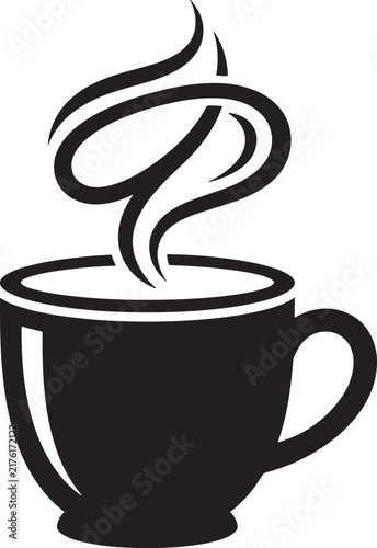 Black and white coffee cup icon with steam, vector illustration of a hot beverage mug.