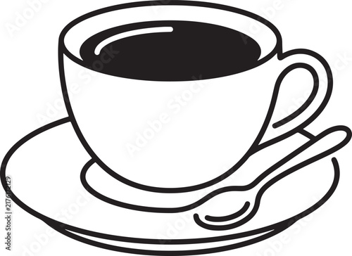Black and white coffee cup icon with saucer and spoon illustration