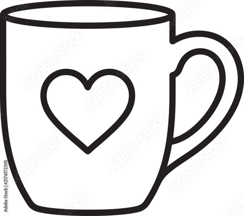 Simple line art drawing of a coffee mug with a heart icon for coloring page or design.