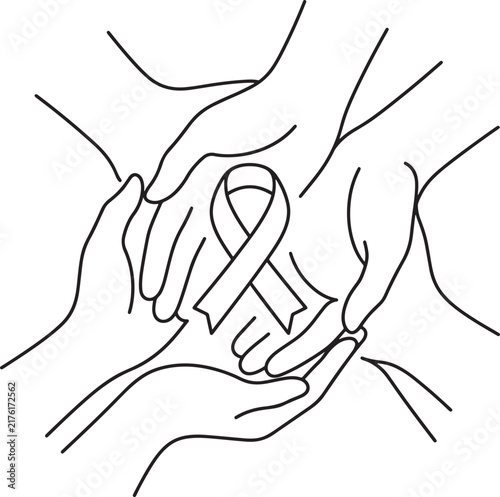 Hands holding awareness ribbon line art illustration for cancer support and charity concept