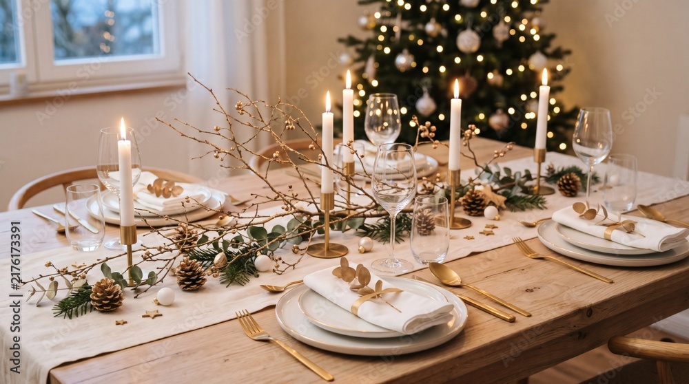 Fototapeta premium Elegant Christmas Dinner Table Setting with Candles and Festive Decorations