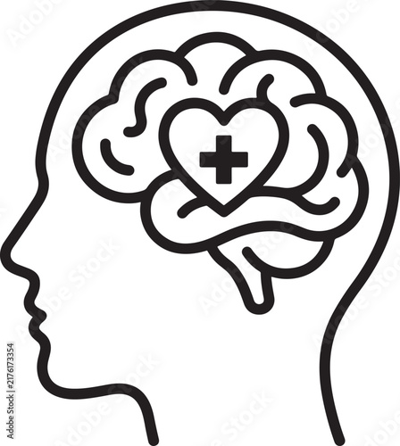 Human head profile with brain and heart medical cross icon for mental health awareness