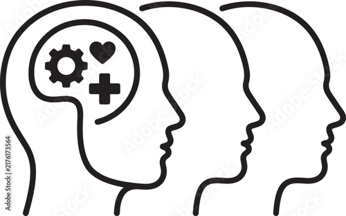 Mental health and wellness concept with human head profiles and medical icons