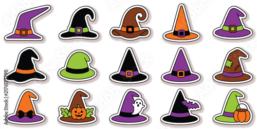 Collection of colorful witch hats for halloween celebration isolated on a white background