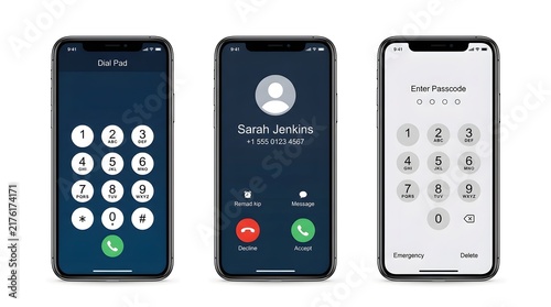 Mobile smartphone interface screens featuring numeric dialer keypad incoming call display and a security passcode lock screen mockup design