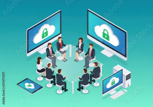 Business team meeting with cloud security and data protection