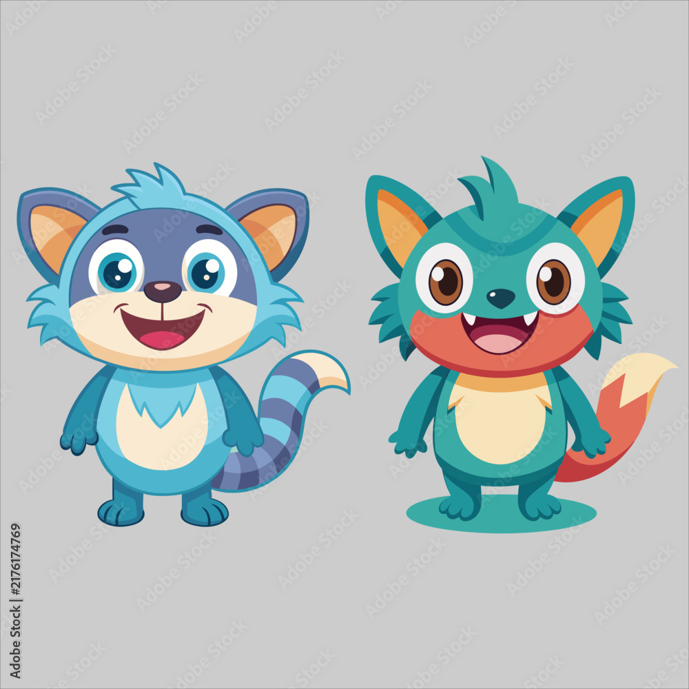 Fototapeta premium Cute Cartoon Animal Set with Funny Cat, Dog, Pig, Fox and Kitten Characters, Sweet Pet Icons and Safari Zoo Illustration for Kids