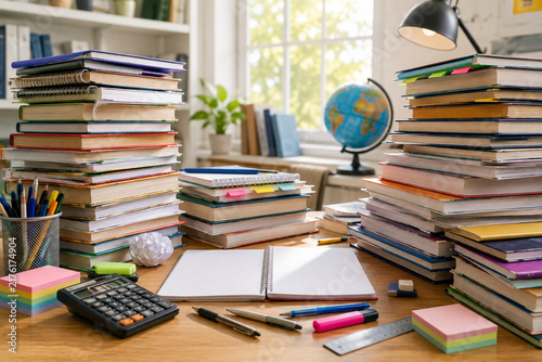 Homework Overload with Stacks of Books and Study Materials