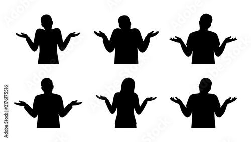 Bild auf Leinwand Shrugging Silhouette Icons, Set of 6, Expressing Uncertainty, Confusion, and Indifference