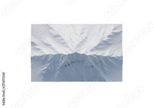Minimalist sculptural white snow-covered mountain range, geometric forms, aerial top-down view, sharp focus, on a flat transparent studio background with ample copy space. Concept of serene winter