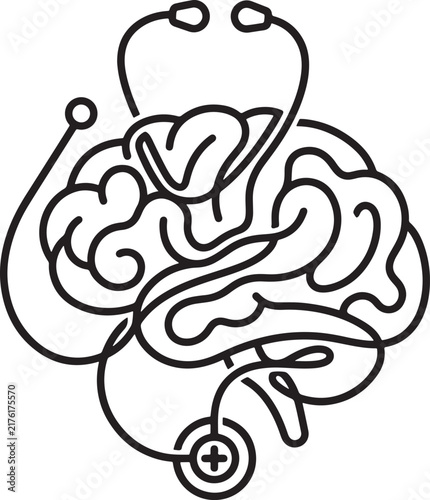 Human brain icon with stethoscope outline for medical neurology and mental health concept