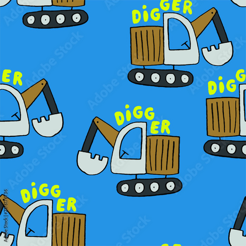 Cute cartoon digger machine with word digger on blue background repeating pattern for children's textile design