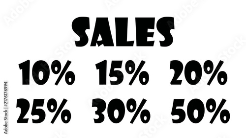 Set of black sales discount percent text graphics on transparent PNG background. Bold typography featuring Sales word with 10%, 15%, 20%, 25%, 30%, and 50% off tags for retail promo.