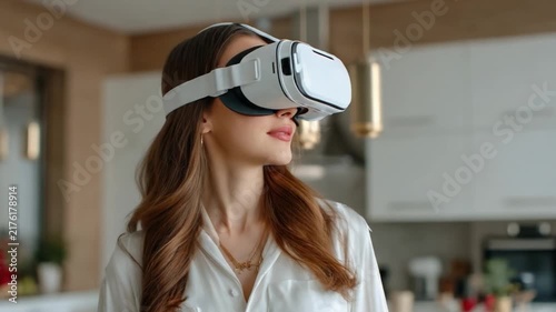 Immersive Reality Exploration: A stylish woman wearing a virtual reality headset explores a digital world, her expression a mix of wonder and focused engagement.