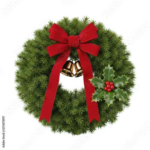 Ultra-realistic christmas wreath with emerald fir branches, opulent crimson velvet bow, brass jingle bells, and holly, isolated on a transparent background. Concept for luxury holiday advertising