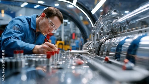 Skilled Mechanic Working on Industrial Machinery: A focused mechanic in safety glasses and blue uniform meticulously inspects a complex piece of industrial equipment.
