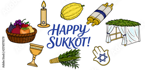 Happy Sukkot vector illustration set with sukkah booth, etrog, lulav, fruit basket, and Jewish traditional symbols