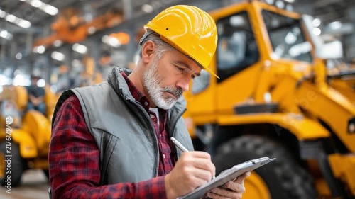 Construction Worker Inspecting Heavy Machinery: A focused male construction worker, wearing a yellow hard hat and safety vest.