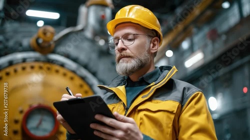 Industrial Engineer at Work: A focused industrial engineer in a yellow hard hat and safety vest meticulously reviews notes on a clipboard, standing in a facility with large machinery.
