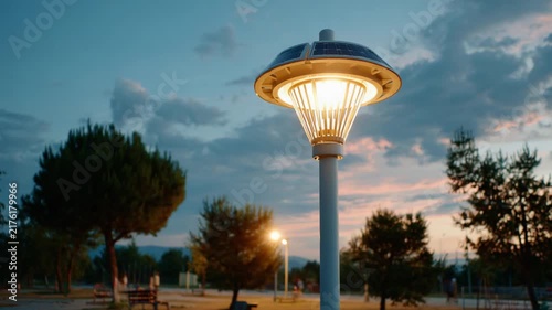 Solar Lamp Illuminating Dusk: A modern solar-powered lamp stands tall in a park at dusk, its warm light casting a gentle glow on the surrounding trees and pathways as the sky transitions to twilight.