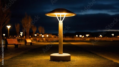 Streetlight Glow at Dusk: A warm, inviting streetlight illuminates a park pathway as twilight settles in, casting a soft glow on benches and trees, creating a serene evening ambiance.