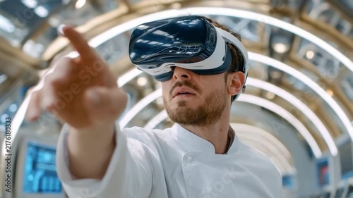 VR Chef Experiencing Virtual Reality in Futuristic Kitchen: A chef wearing a virtual reality headset and a white uniform, interacts with a holographic interface in a modern.