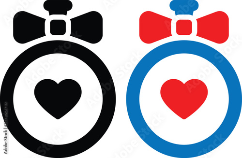 Vector illustration of Minimalist heart stopwatch icons, flat vector timer symbols with bow tie accents, romantic time management graphics in black and blue isolated on Transparent Background