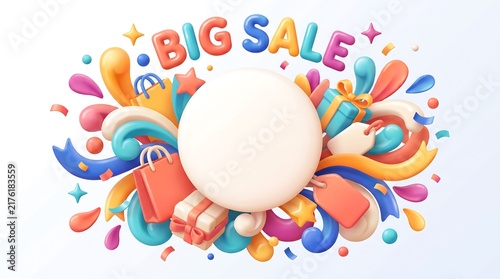 Colorful Big Sale Announcement with Shopping Items and Celebration
