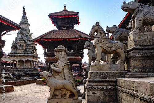 Nepal. Central Nepal. Kathmandu. Kathmandu Valley. Bhaktapur. Durbar Square. Imposing stone sculptures in front of the Siddhi Lakshmi Temple