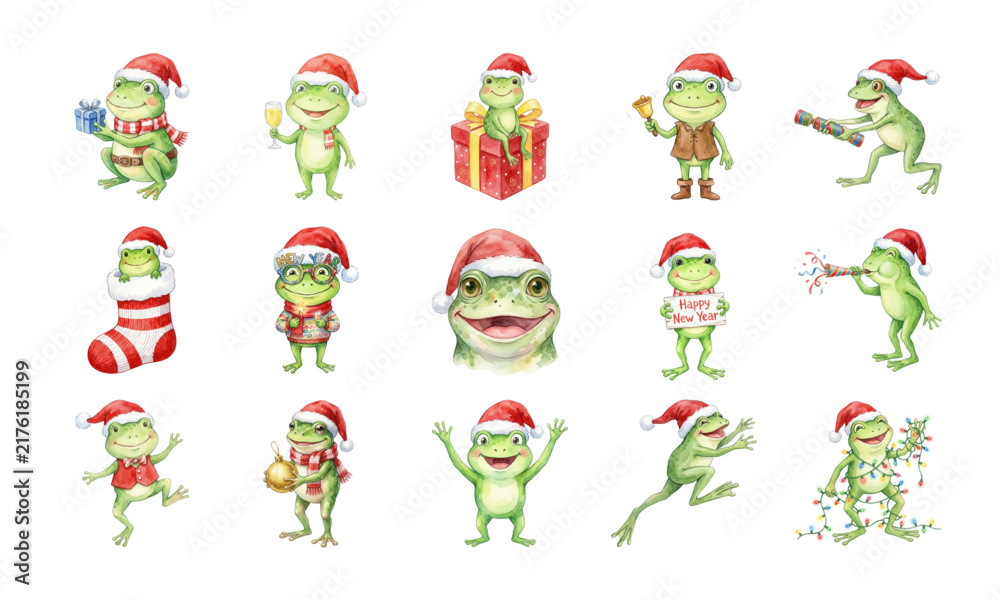 Obraz premium Watercolor Christmas Frog Clipart Set with Santa Hats