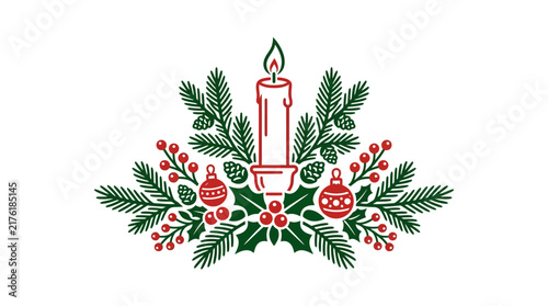 Festive Christmas candle with pine branches, holly, berries and baubles.