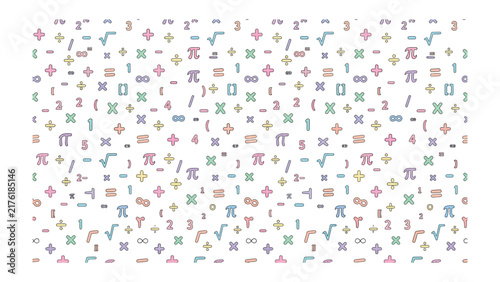 Math Symbols Collage: A whimsical collection of mathematical symbols and numbers scattered across a white canvas, perfect for educational and conceptual designs