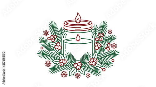 Christmas candle surrounded by pine branches and berries.