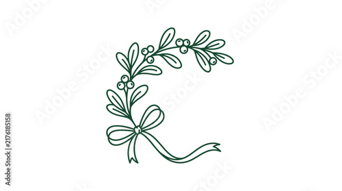 Mistletoe decoration with a bow, outline illustration