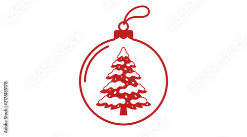 Red Christmas tree ornament with snow covered pine tree inside.
