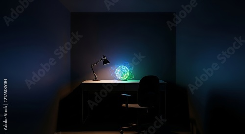 A cramped workspace with dark walls and heavy shadows, showing a small desk under intense overhead light to convey a feeling of high stress, furniture, environment, career