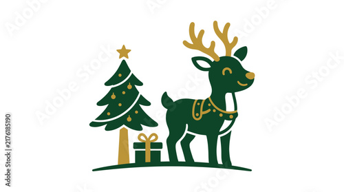 Cute Christmas reindeer next to a decorated tree and gift.