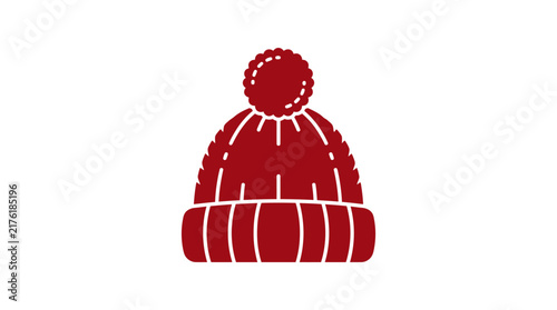 Red knitted winter hat icon with pompom